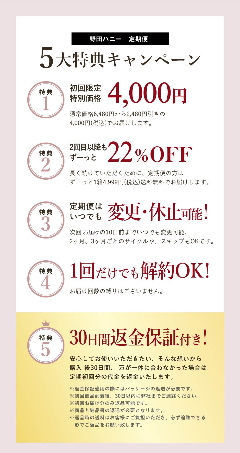 野田ハニーの定期5大特典 1.初回特別価格3000円 2.2回目以降もずっと26%Off 3.お届けサイクル変更OK! 4.休止・解約OK! 5.30日間返金保証付き!