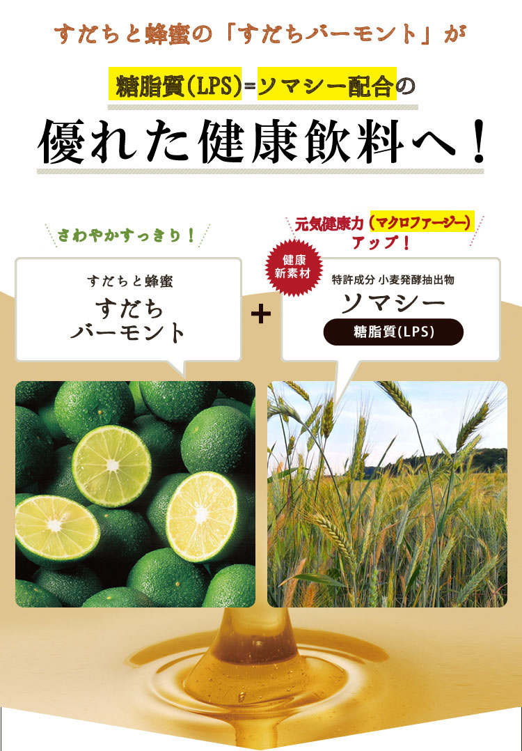 すだちと蜂蜜の「すだちバーモント」糖脂質(LPS)=ソマシー配合の優れた健康飲料へ!特許成分 小麦発酵抽出物ソマシー マクロファージーで元気健康力アップ!